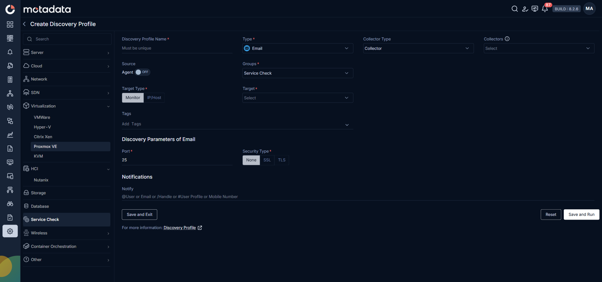 Discovery Profile form filled in for Email service check