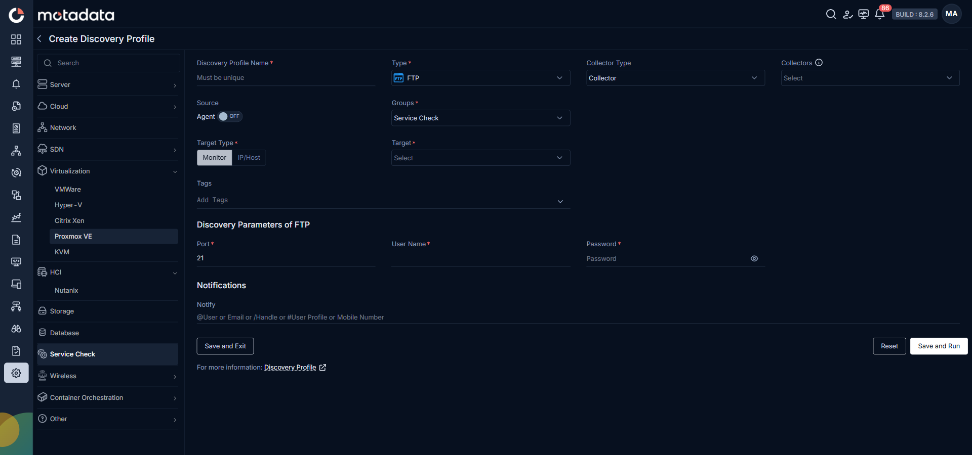 Discovery Profile form filled in for FTP service check