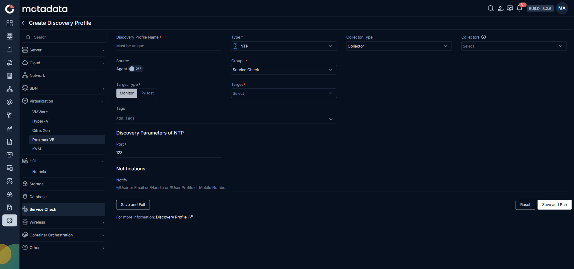 Discovery Profile form filled in for NTP service check