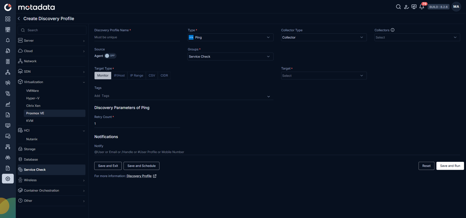 Discovery Profile form filled in for Ping service check