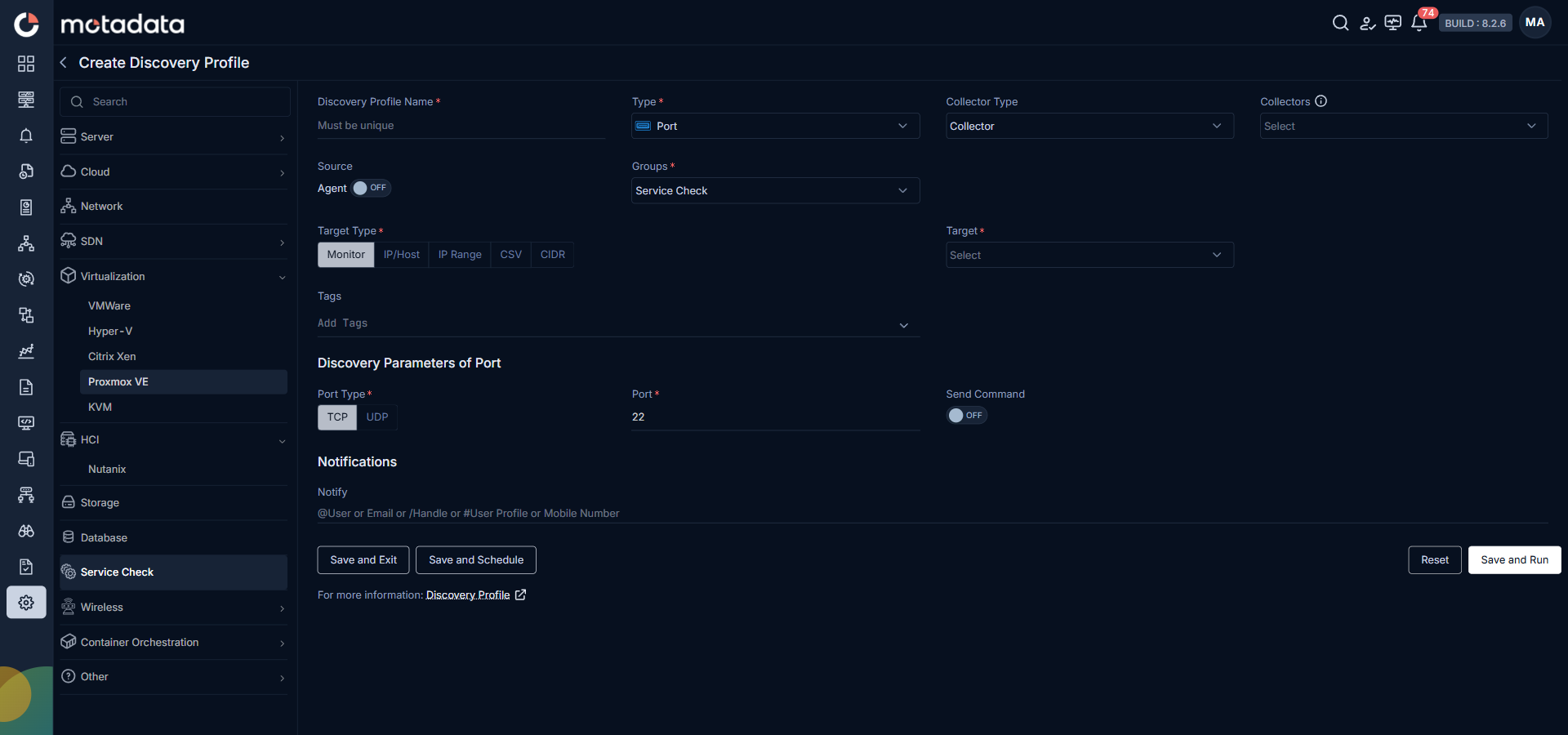 Discovery Profile form filled in for Port service check
