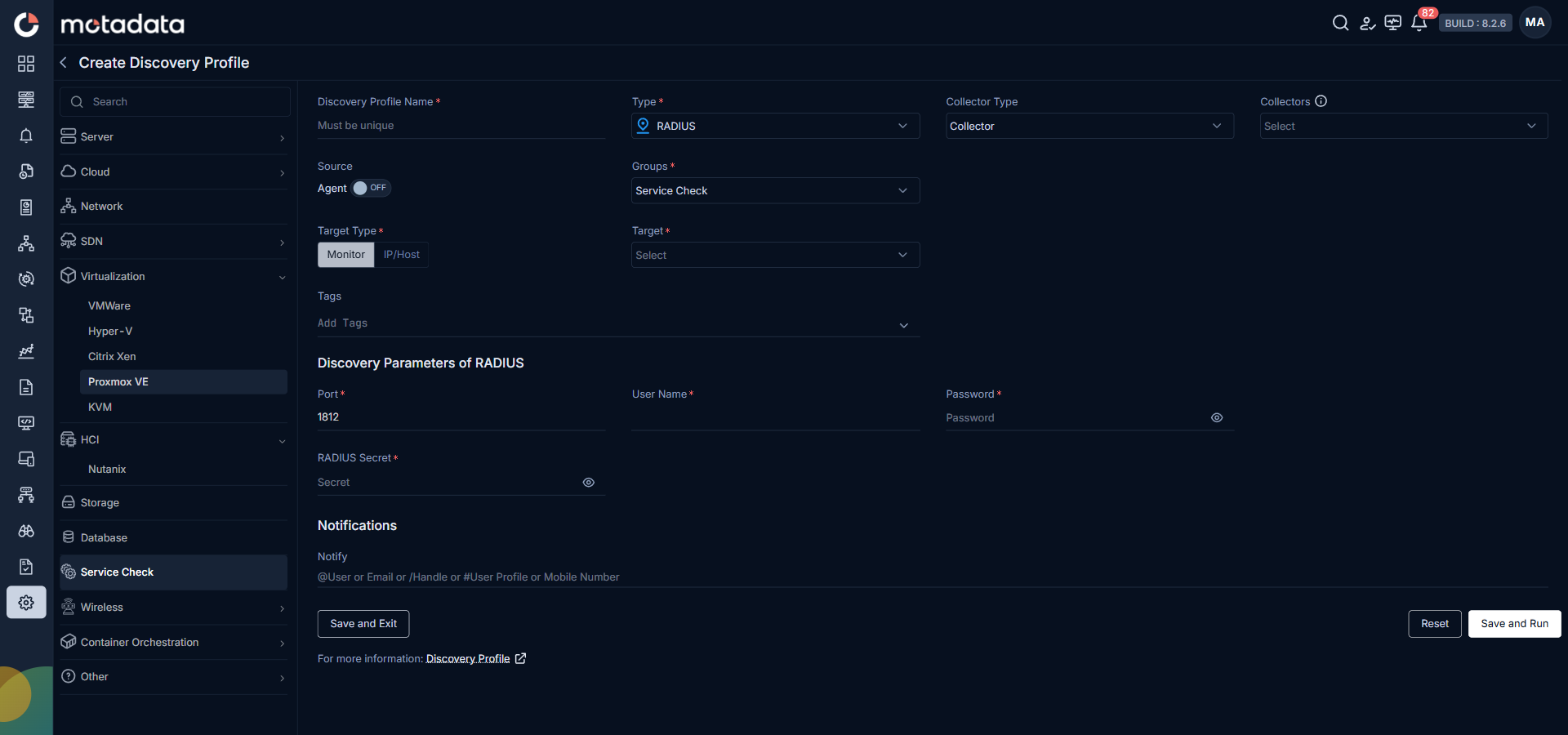 Discovery Profile form filled in for RADIUS service check