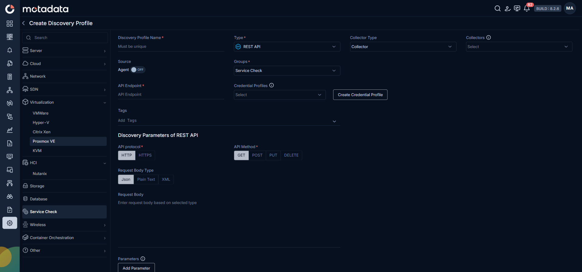 Discovery Profile form filled in for REST API service check