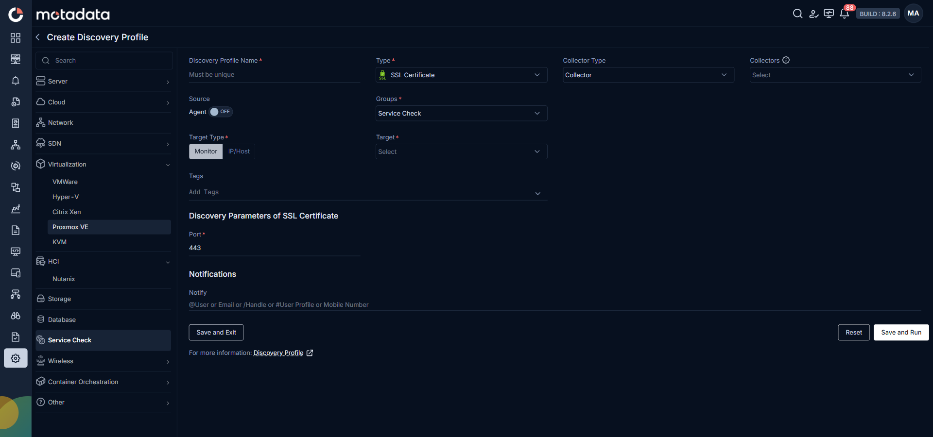 Discovery Profile form filled in for SSL Certificate service check