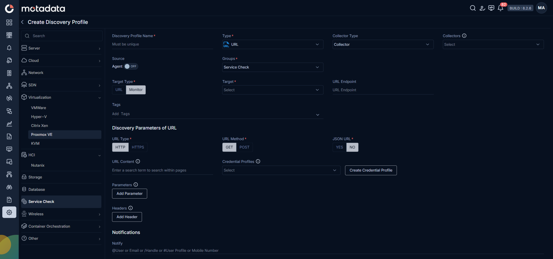 Discovery Profile form filled in for URL service check