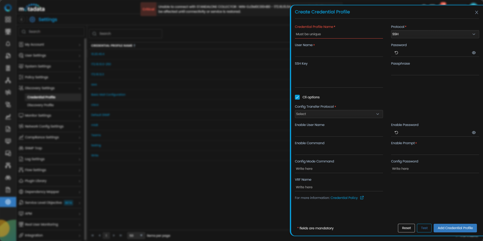 SSH Credential Profile form for WAN Link monitoring