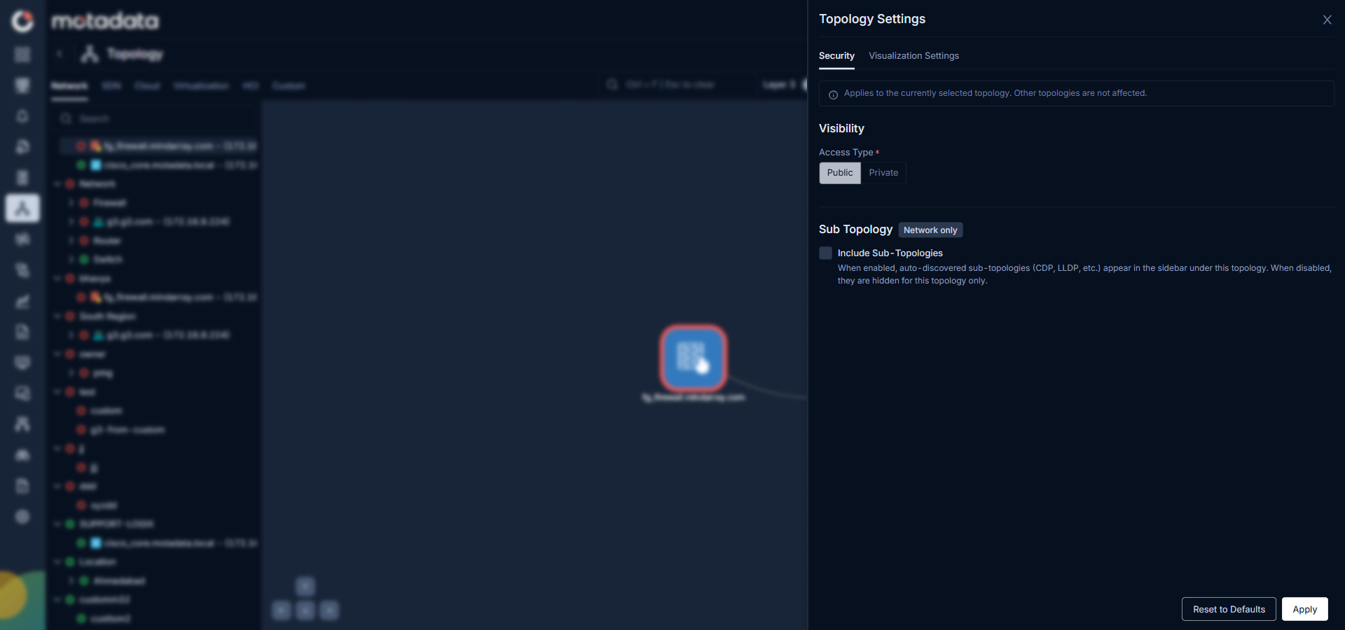 Security tab showing Access Type and Include Sub-Topologies options