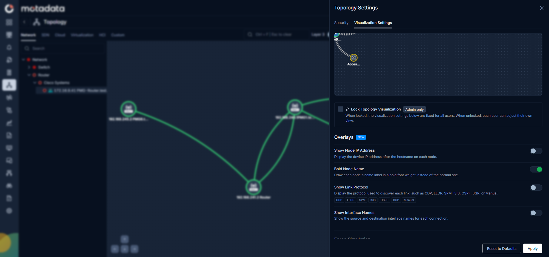 Visualization Settings tab with Overlays, Force Simulation, Zoom, and Labels sections