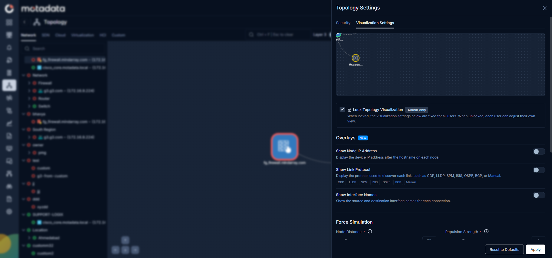 Visualization Settings tab with Overlays, Force Simulation, Zoom, and Labels sections