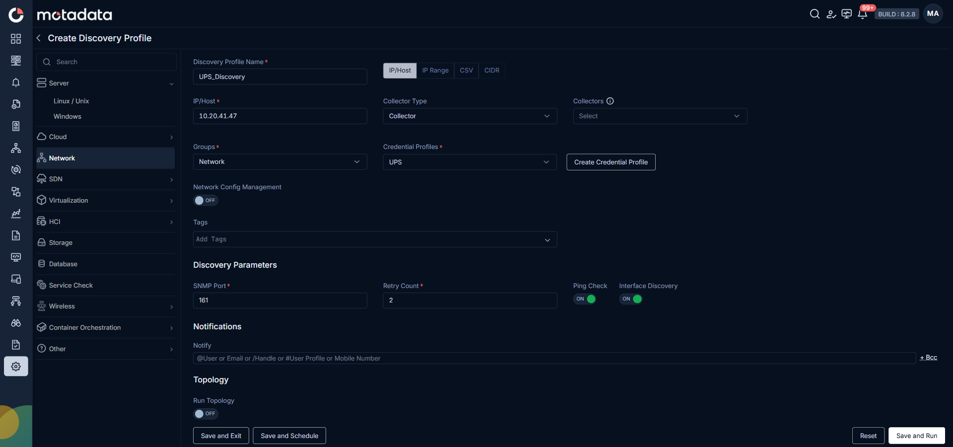 Create Discovery Profile form with Network category selected and the UPS credential