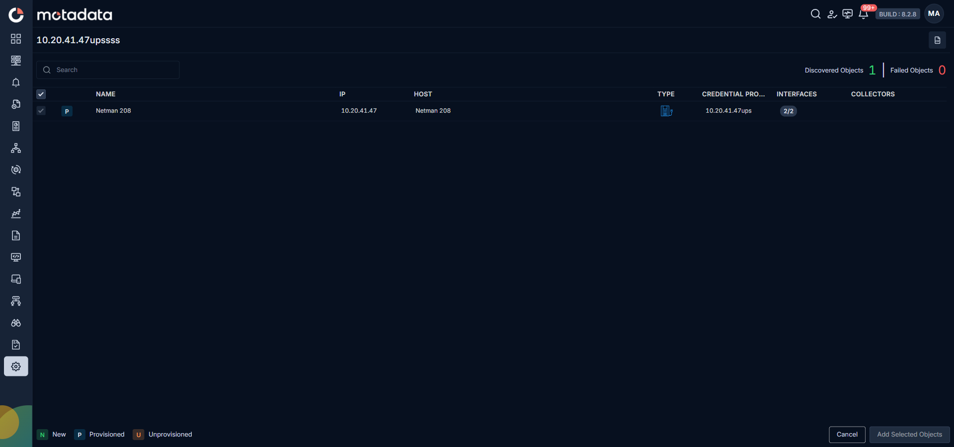 Provisioning screen showing a discovered UPS device with the UPS credential profile