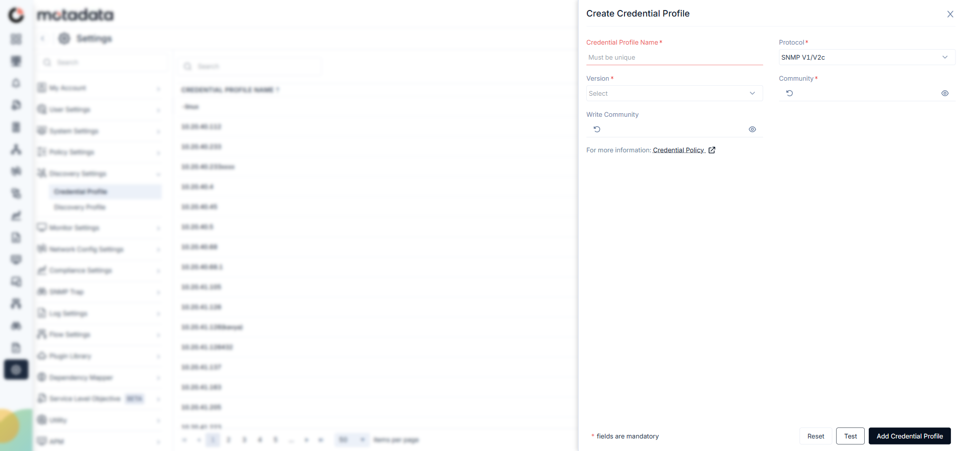 Create Credential Profile form with SNMP V1/V2c protocol selected showing Community and Version fields