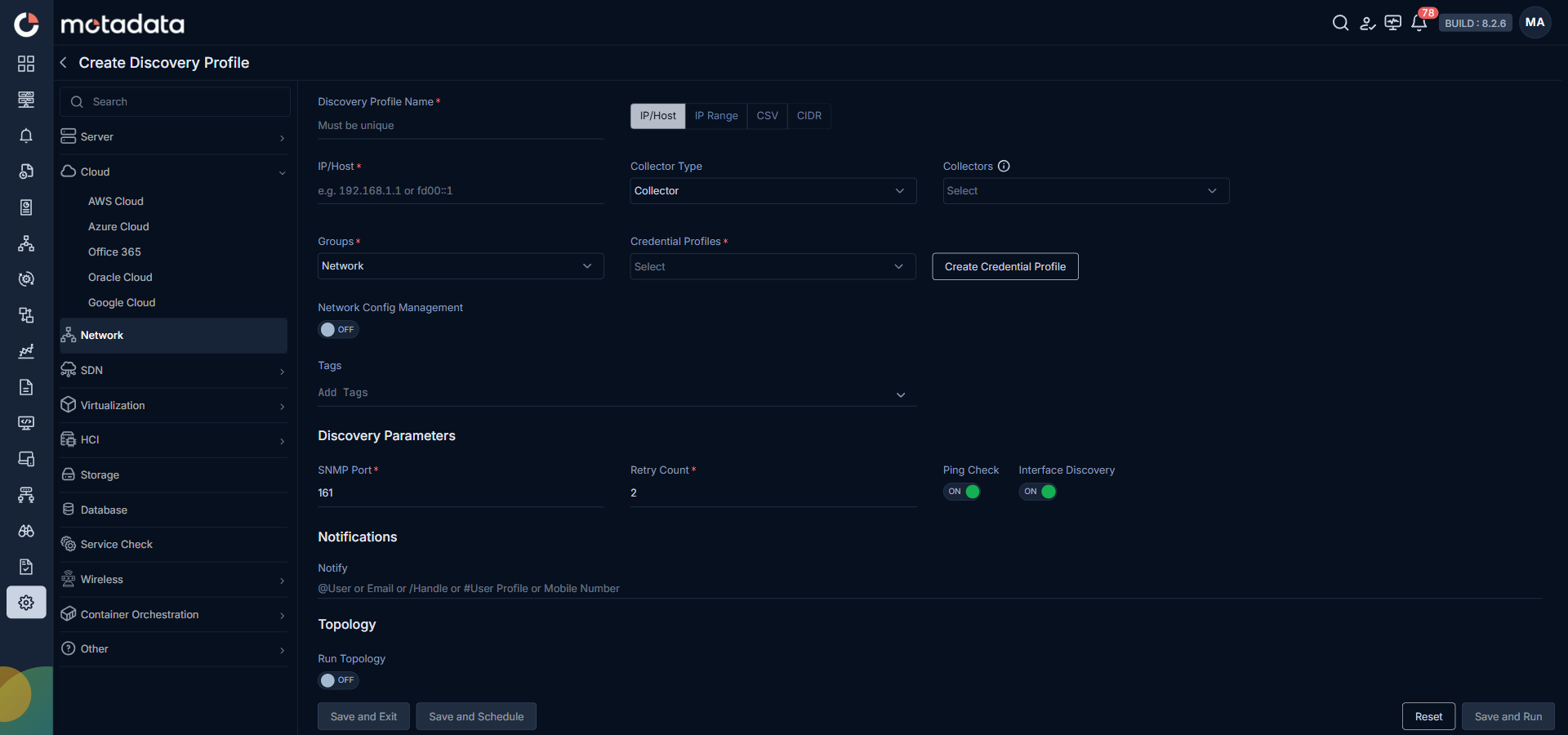 Discovery Profile form with Network category selected and SNMP v1/v2c fields visible