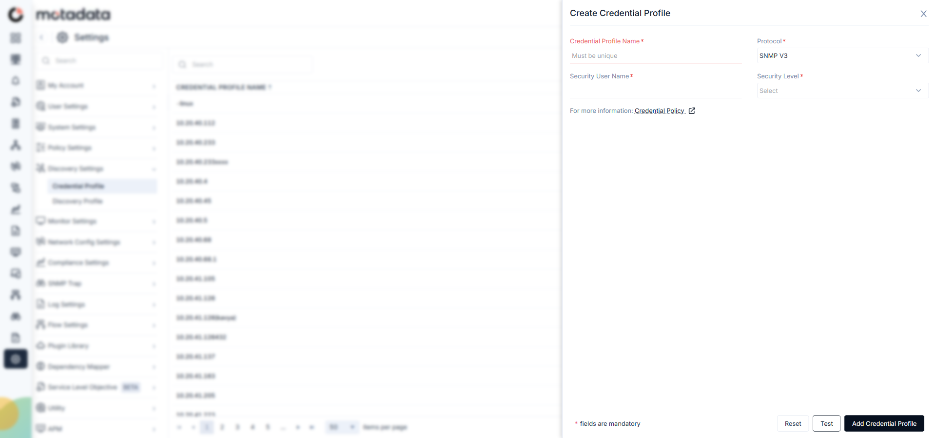 Create Credential Profile form with SNMP V3 protocol selected showing Security User Name and Security Level fields