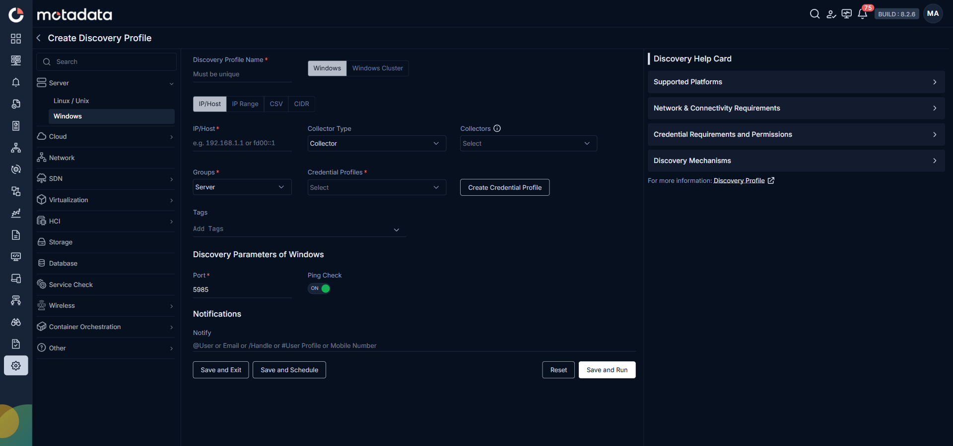 Discovery Profile form with Windows server fields visible