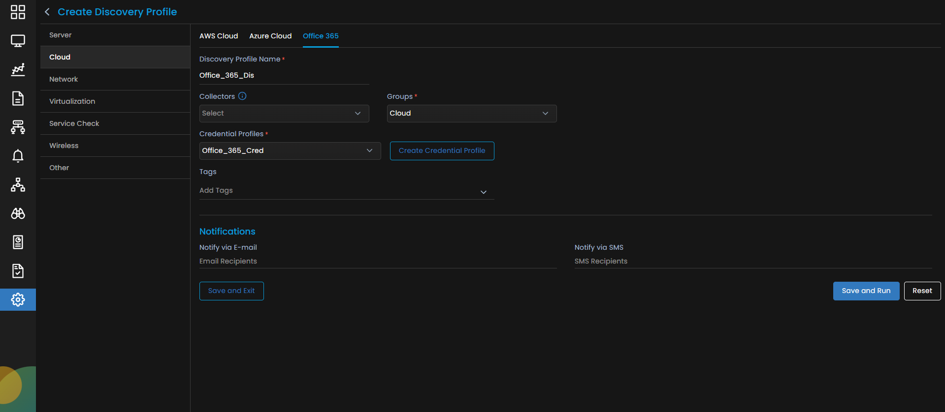 Discovery Profile form filled in with Office 365 Cloud details
