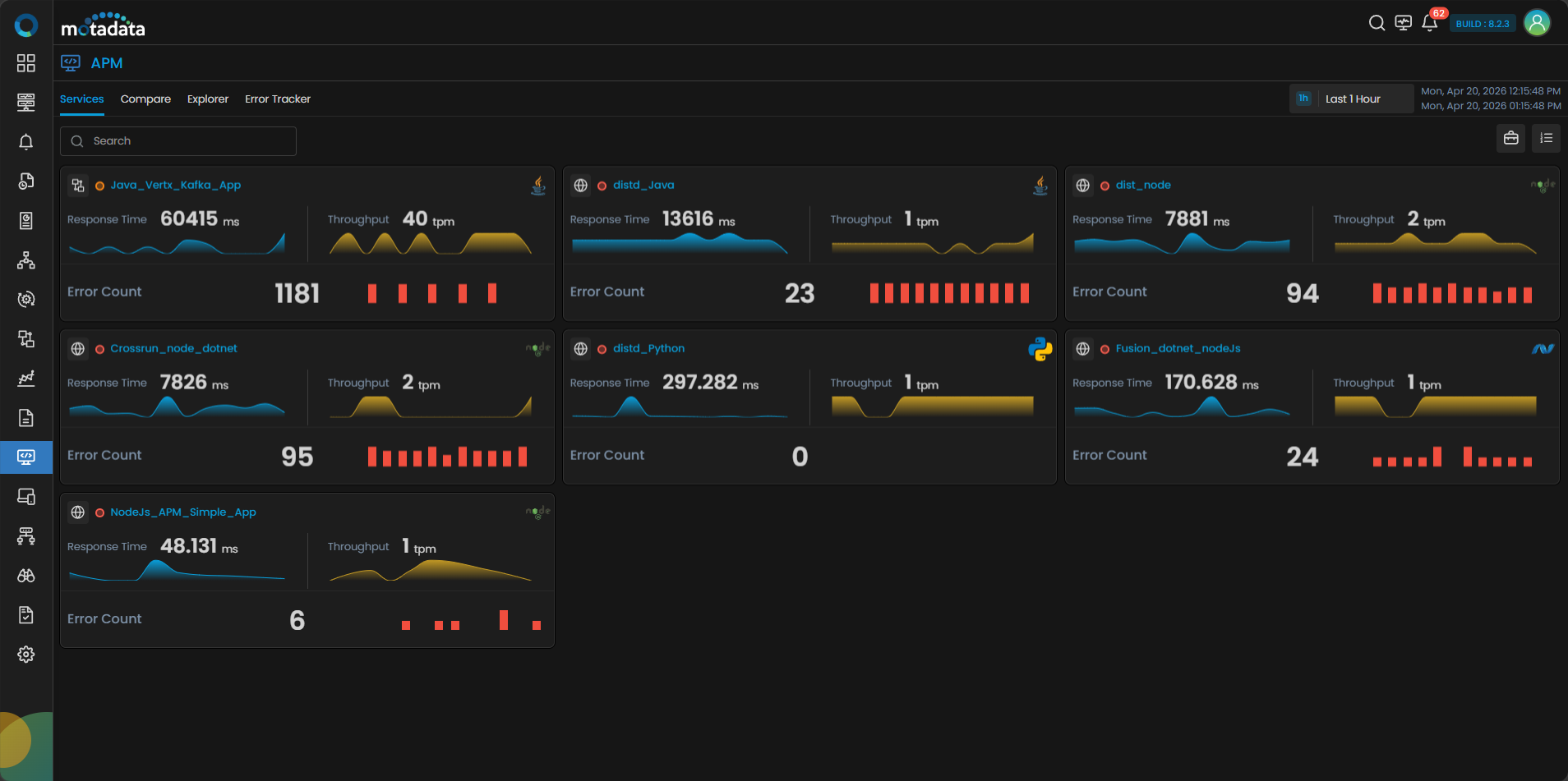APM tab navigation showing the Compare tab highlighted between Services and Explorer
