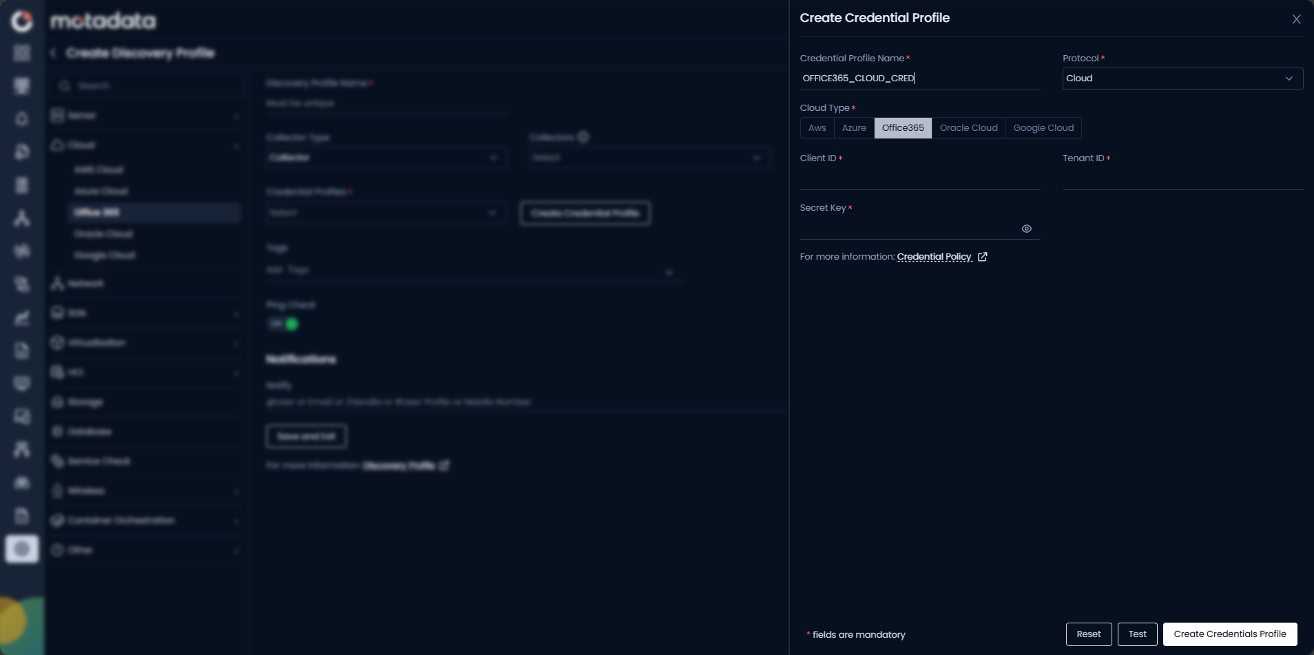Create Credential Profile form with Cloud protocol and Office 365 tab selected