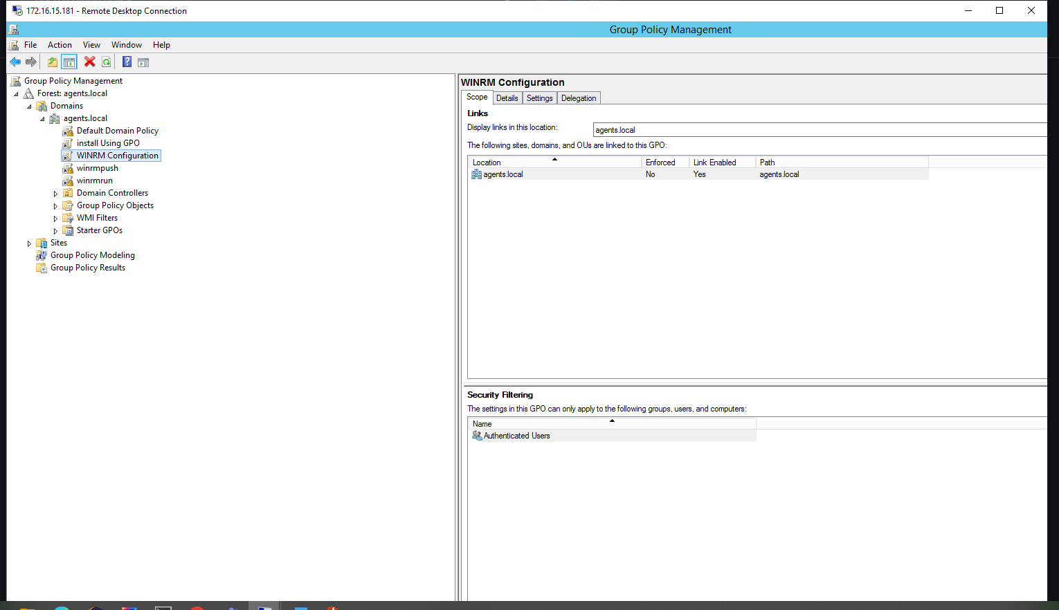 Group Policy Management showing WinRM Configuration in the domain policy list