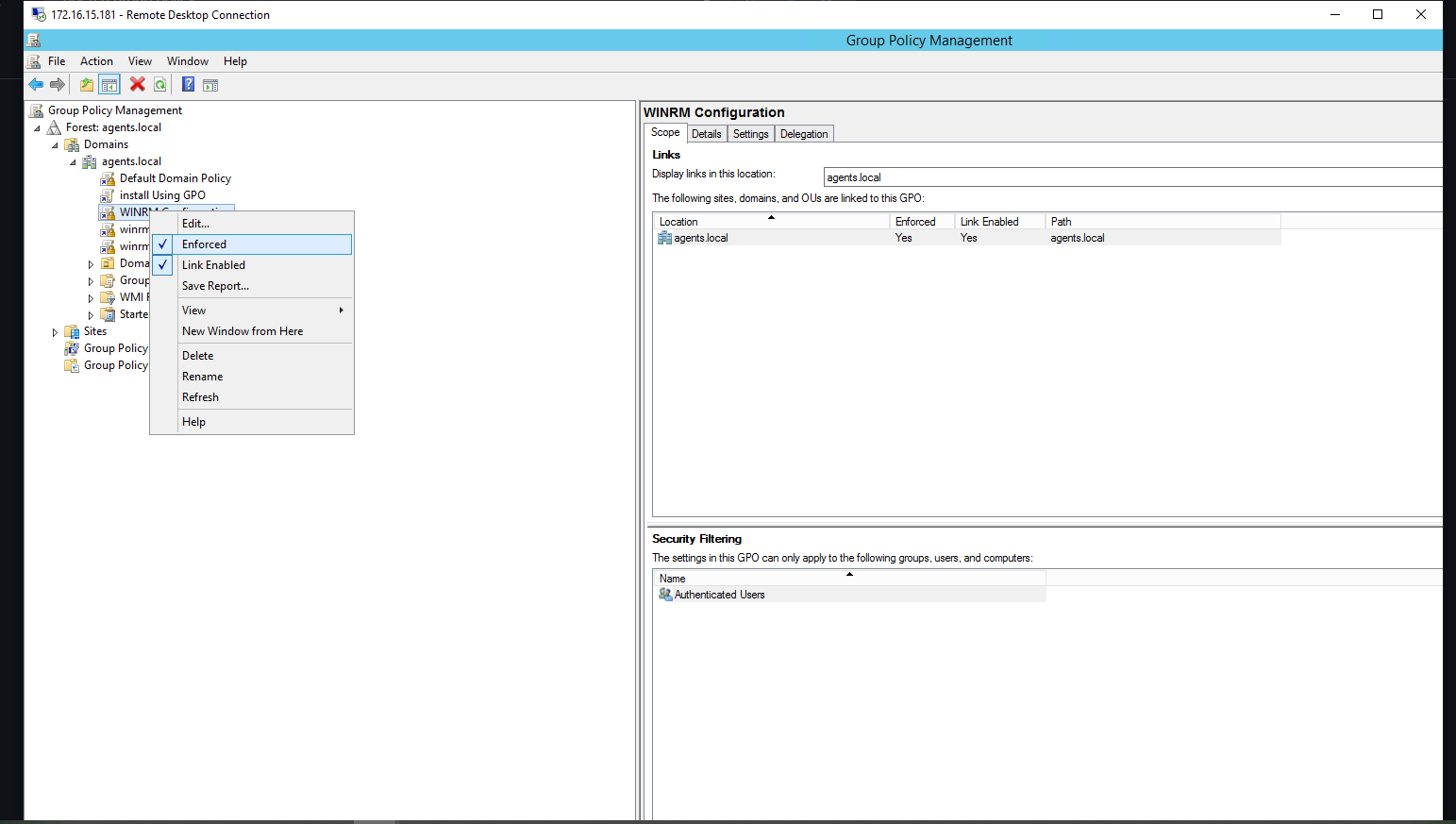 Group Policy Management with Enforced option selected for WinRM Configuration