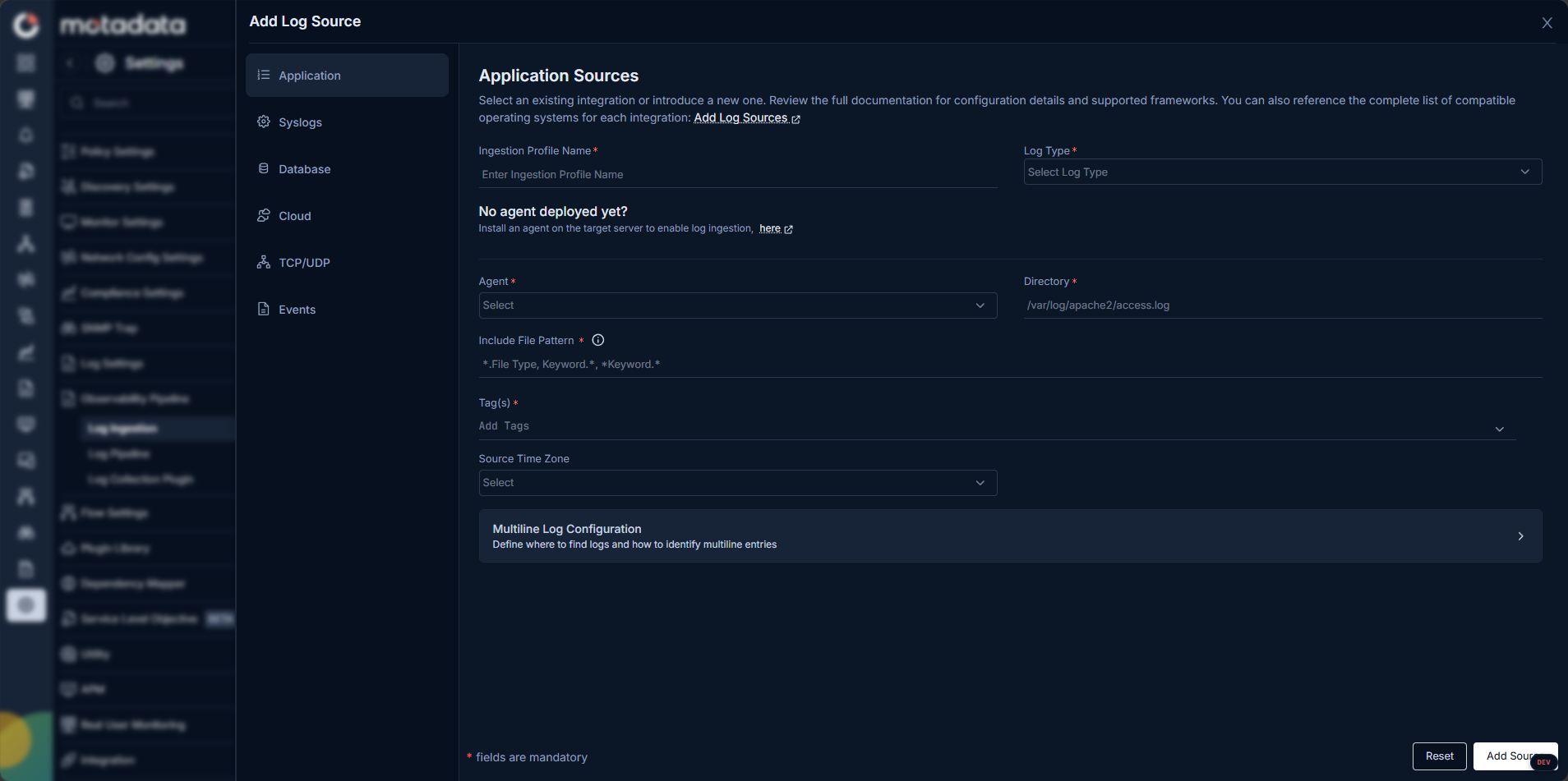 Add Log Source — Application Sources form showing Ingestion Profile Name, Log Type, Agent, Directory, Include File Pattern, Tags, and Multiline Log Configuration