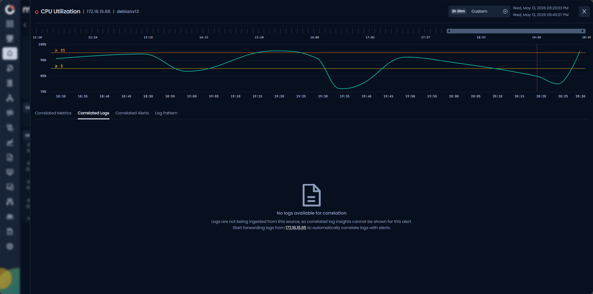 Alert Correlation screen showing the Correlated Logs tab with an empty state message indicating no logs are available for correlation from the source IP