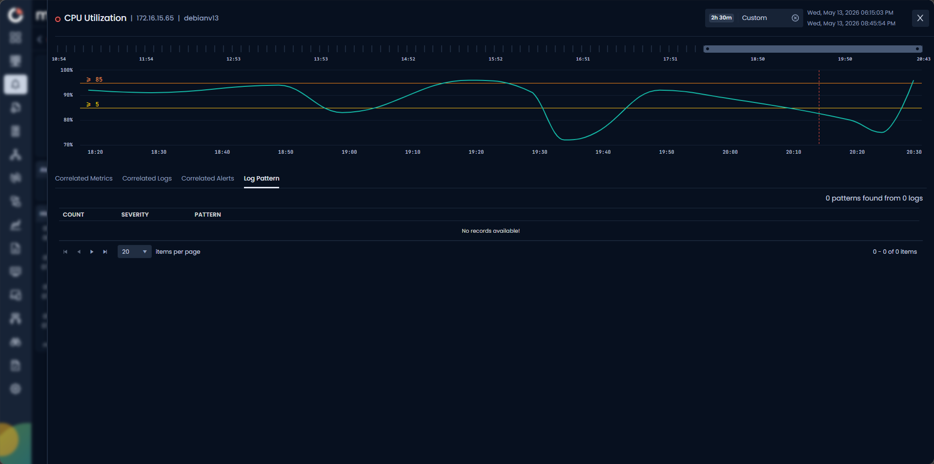 Alert Correlation screen showing the Log Pattern tab with a table showing Count, Severity, and Pattern columns with No records available message and 0 patterns found from 0 logs summary