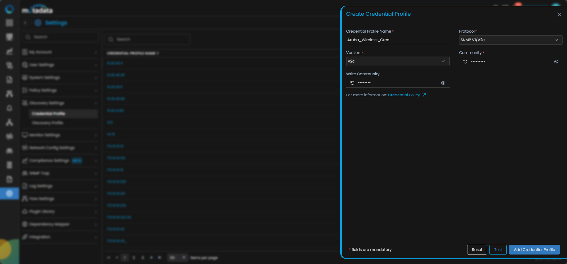 Create Credential Profile form with SNMP protocol selected for Aruba Wireless