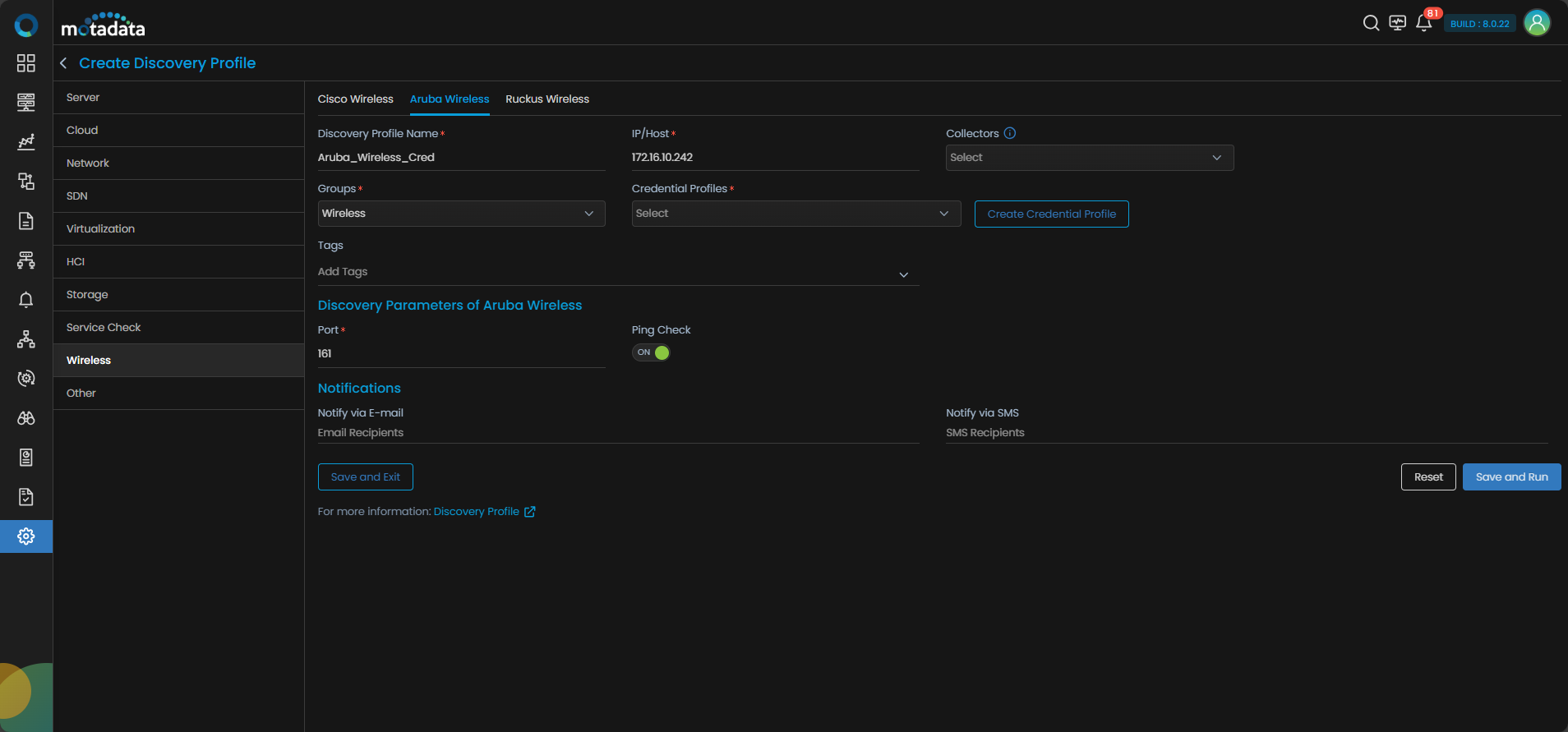 Discovery Profile form with Aruba Wireless discovery fields visible