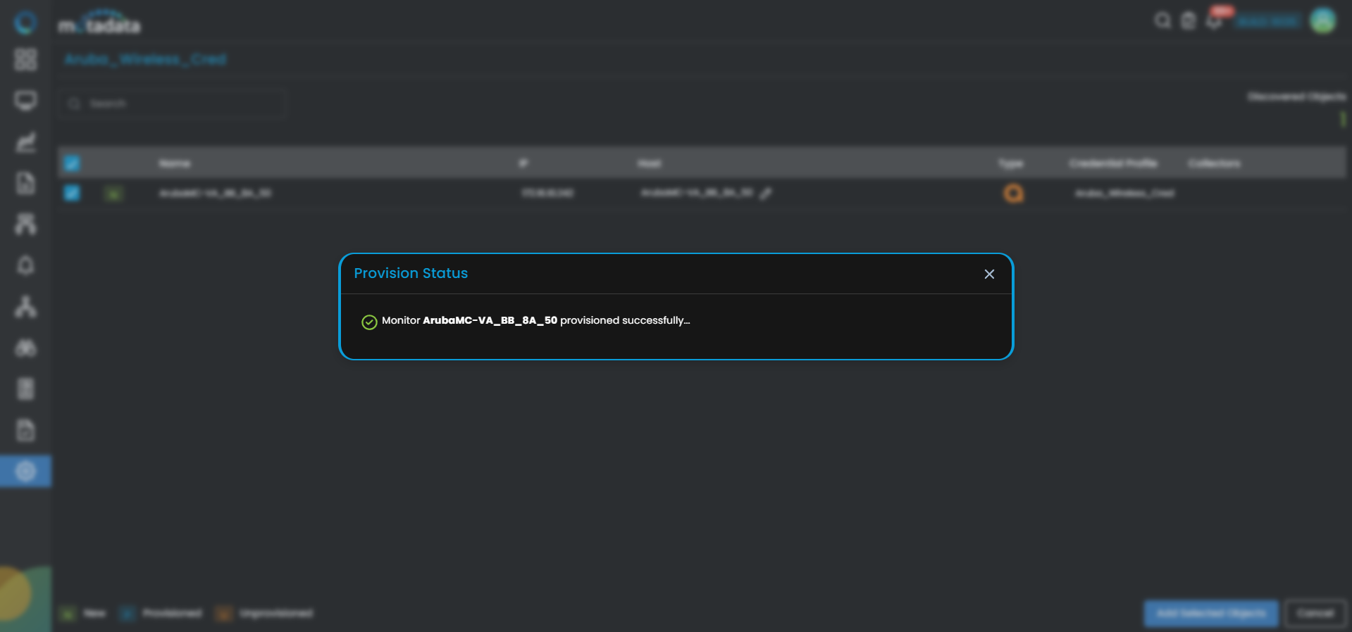 Provisioning screen showing discovered Aruba Wireless devices with checkboxes to select
