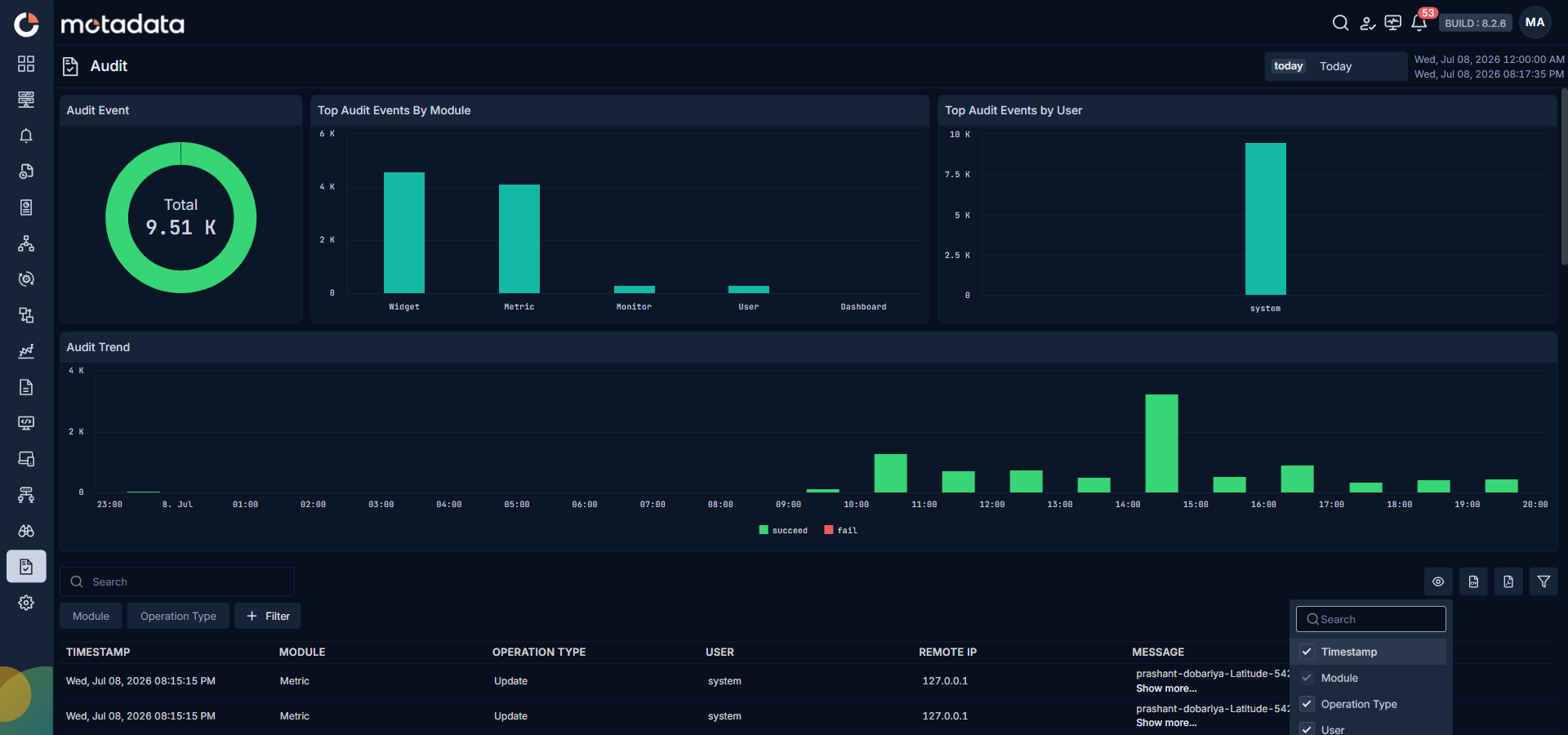Column visibility panel showing available columns with checkboxes — Timestamp, Module, Operation Type, User