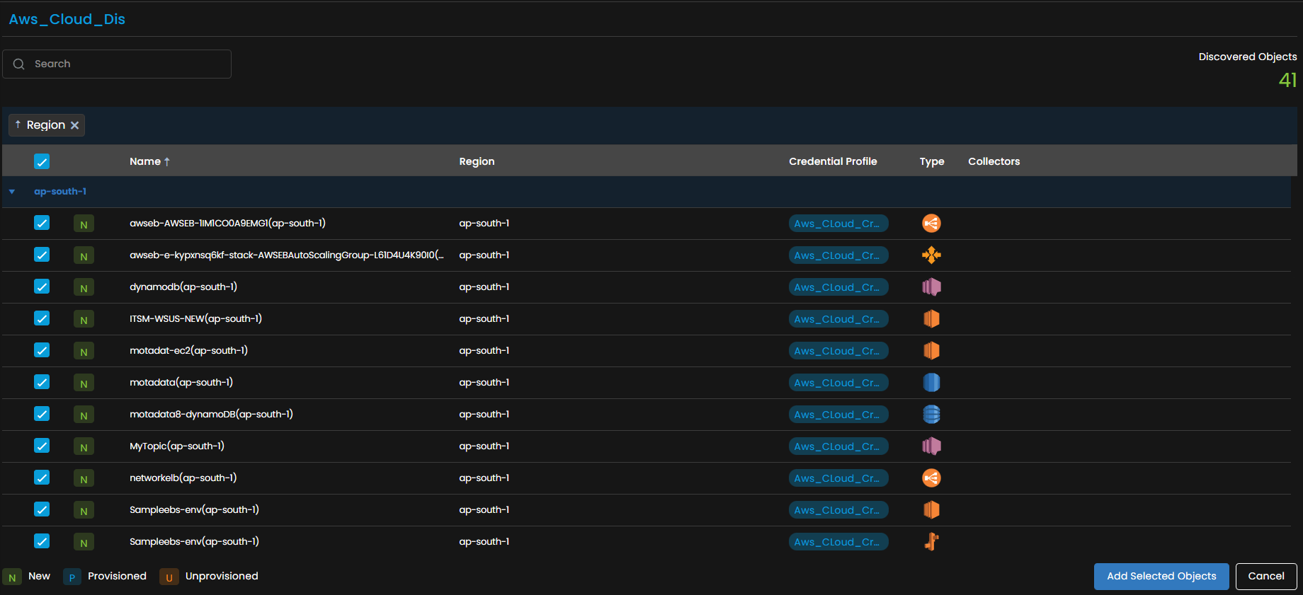 Provisioning screen showing discovered AWS resources with checkboxes to select