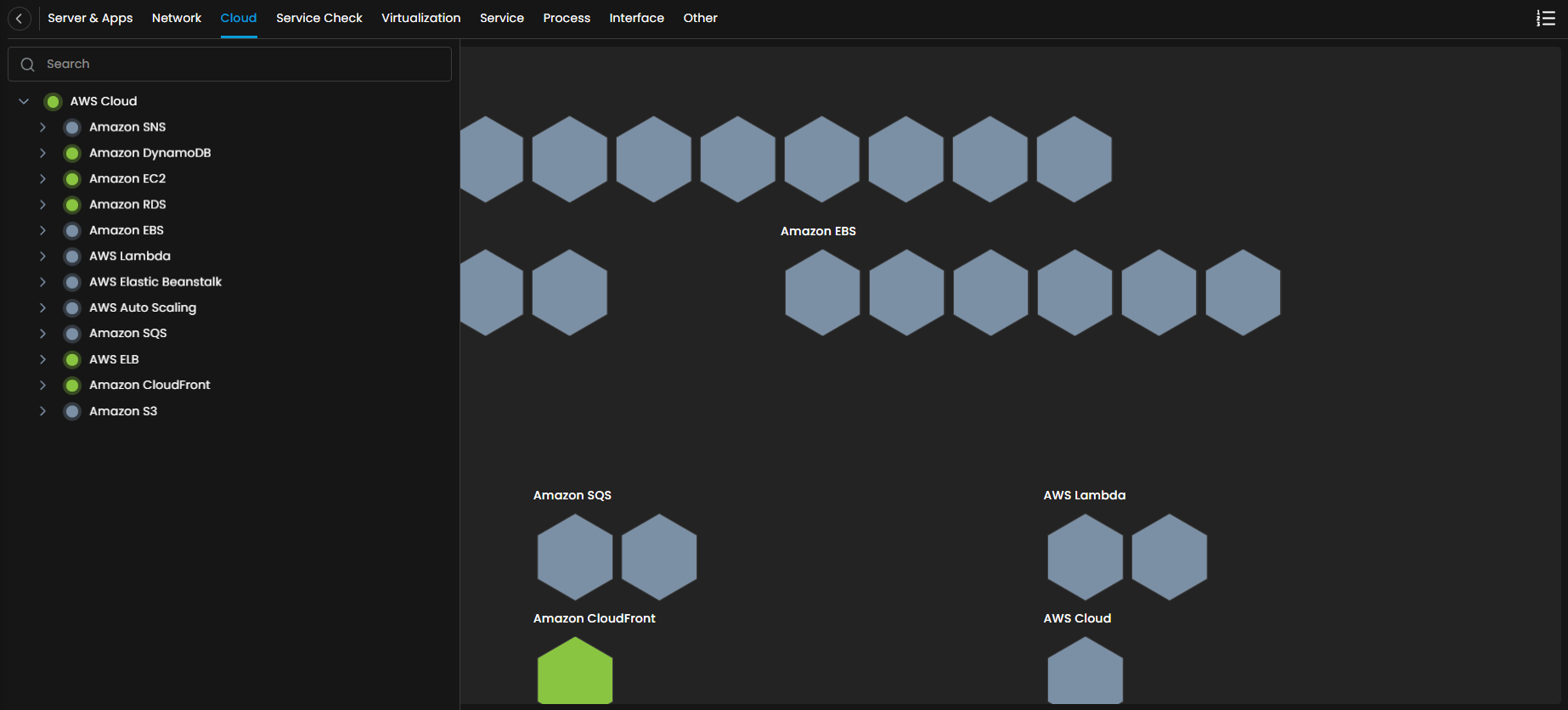 Monitor navigation panel with Cloud category selected showing provisioned AWS monitors