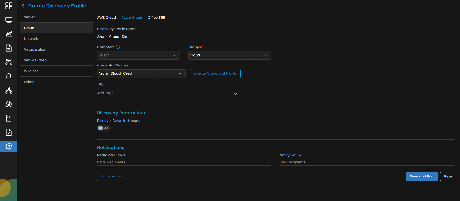 Discovery Profile form filled in with Azure Cloud details