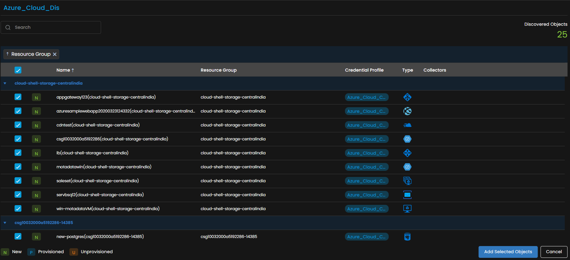 Provisioning screen showing discovered Azure resources with checkboxes to select