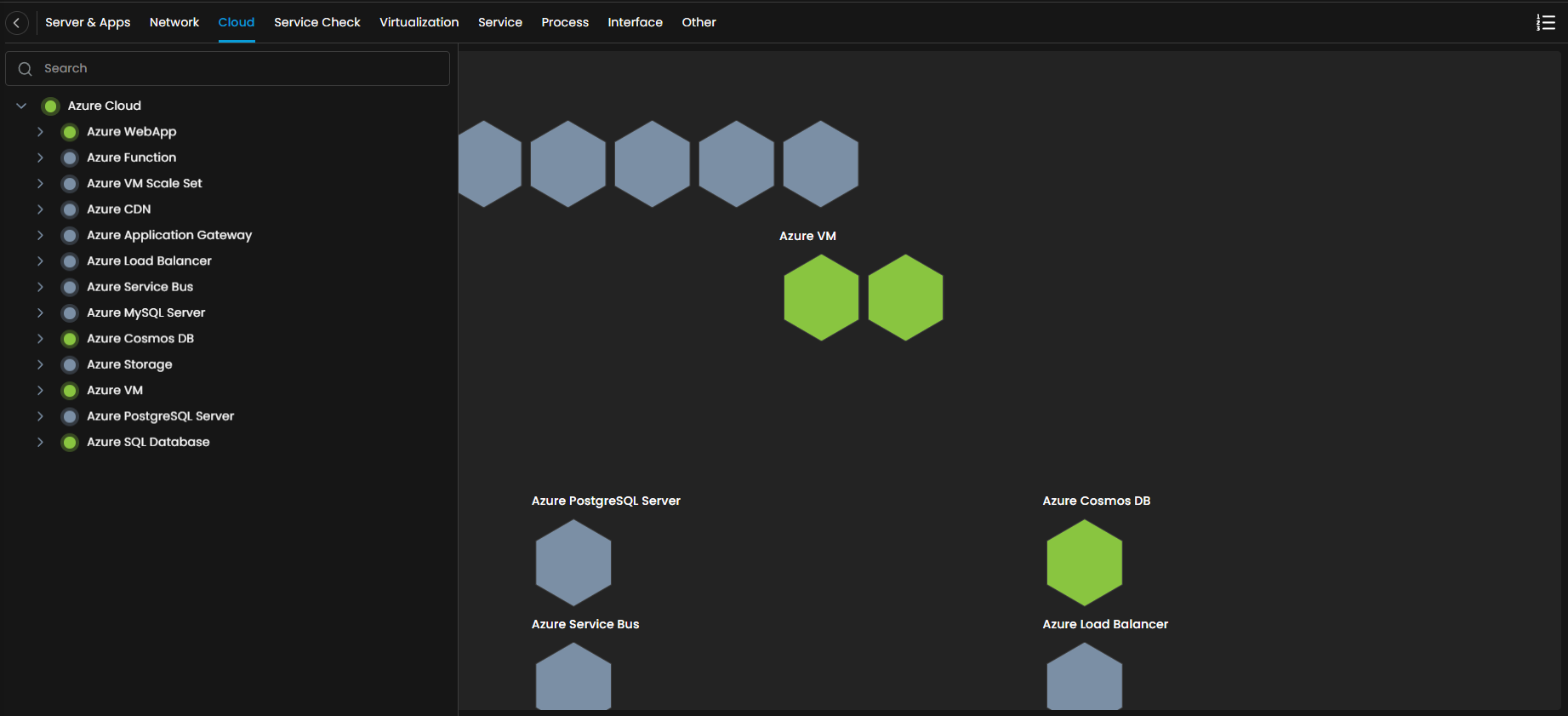 Monitor navigation panel with Cloud category selected showing provisioned Azure monitors