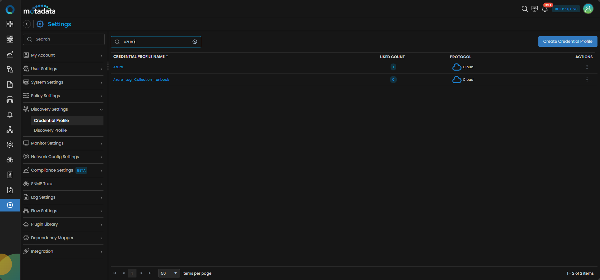 Credential Profile list showing the newly created Azure Cloud profile