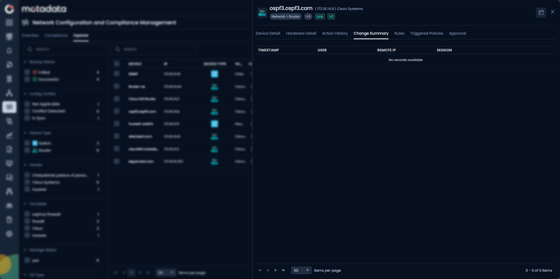 Change Summary tab showing Timestamp, User, Remote IP, and Session columns for the selected NCCM device