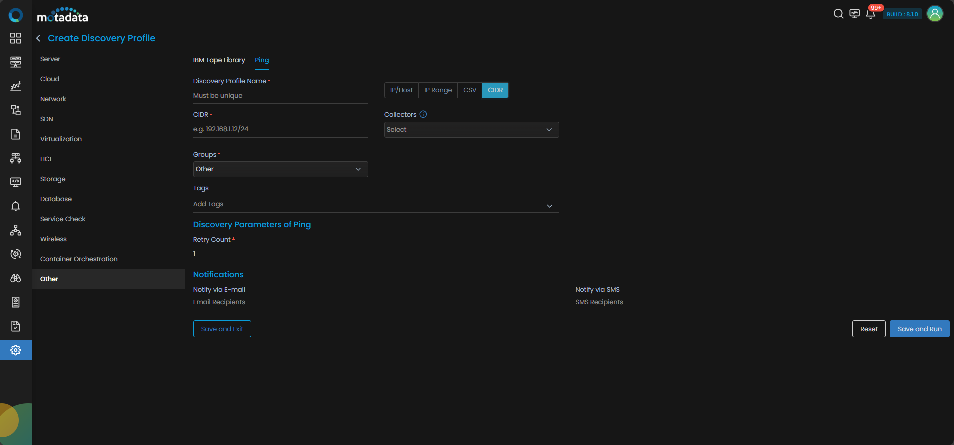 Discovery Profile form with CIDR field for Ping discovery