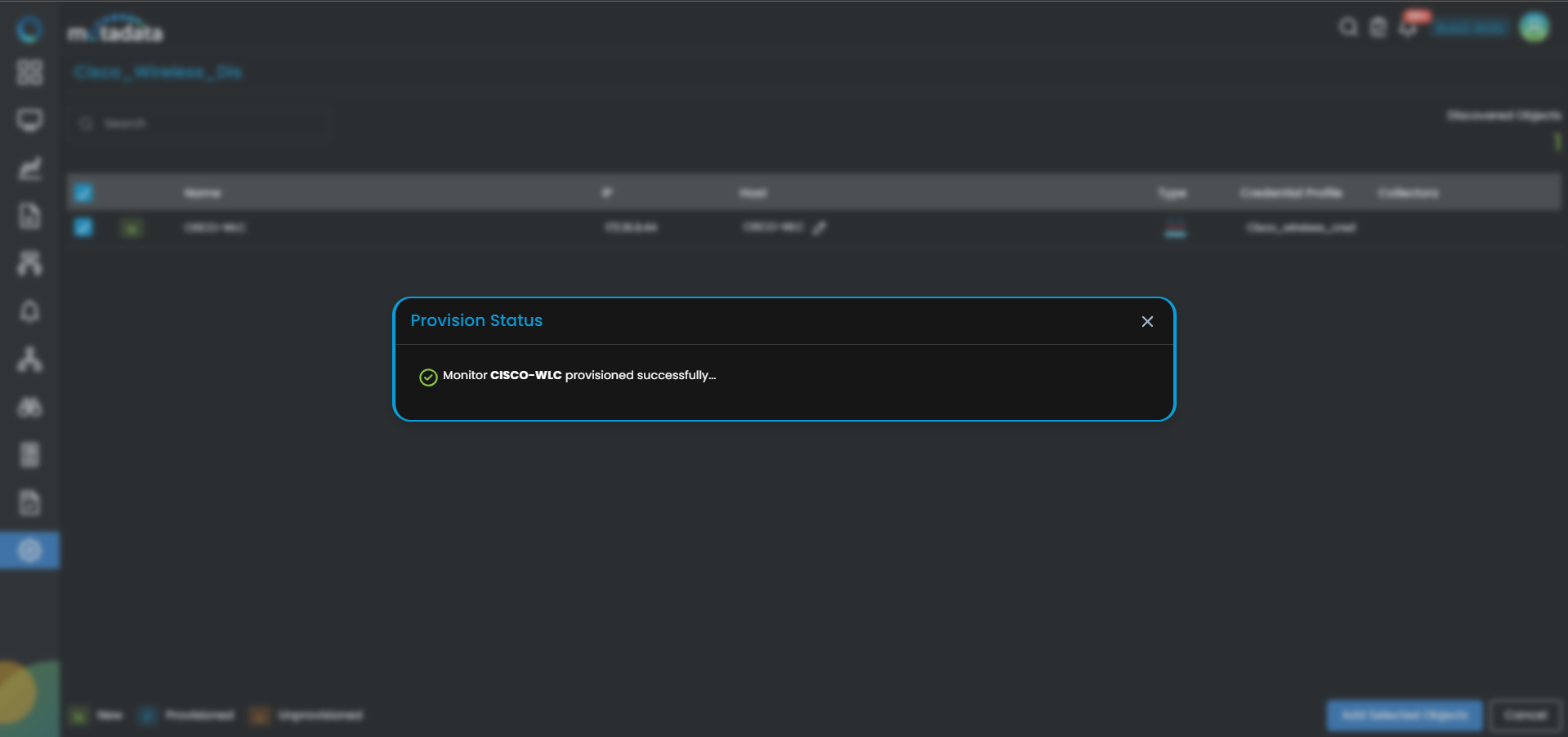 Provisioning screen showing discovered Cisco Wireless devices with checkboxes to select
