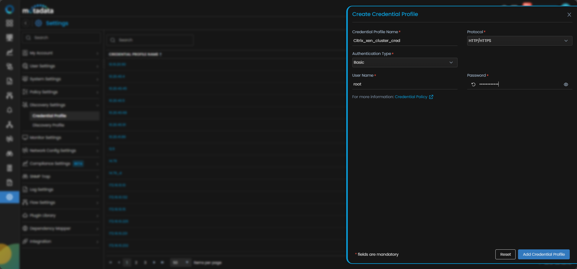 Create Credential Profile form with HTTP/HTTPS protocol selected for Citrix Xen Cluster