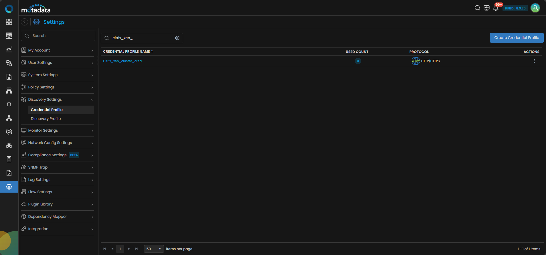 Credential Profile list showing the newly created Citrix Xen Cluster profile