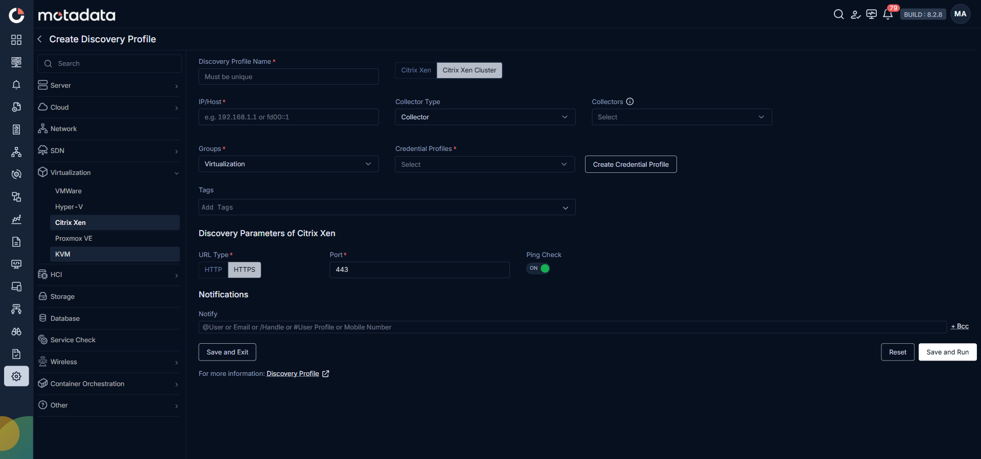 Discovery Profile form with Virtualization and Citrix Xen Cluster selected