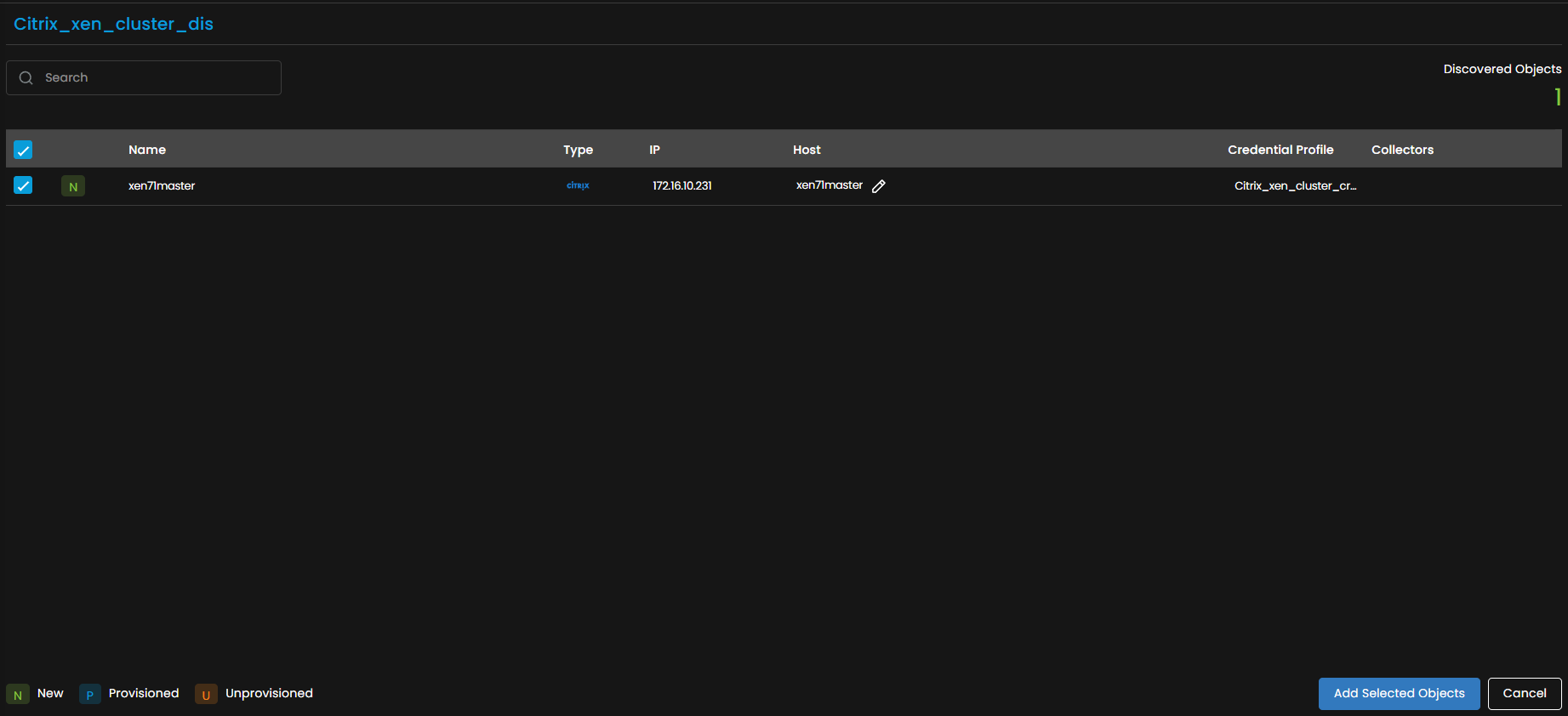 Discovery screen showing the completed Citrix Xen Cluster discovery run