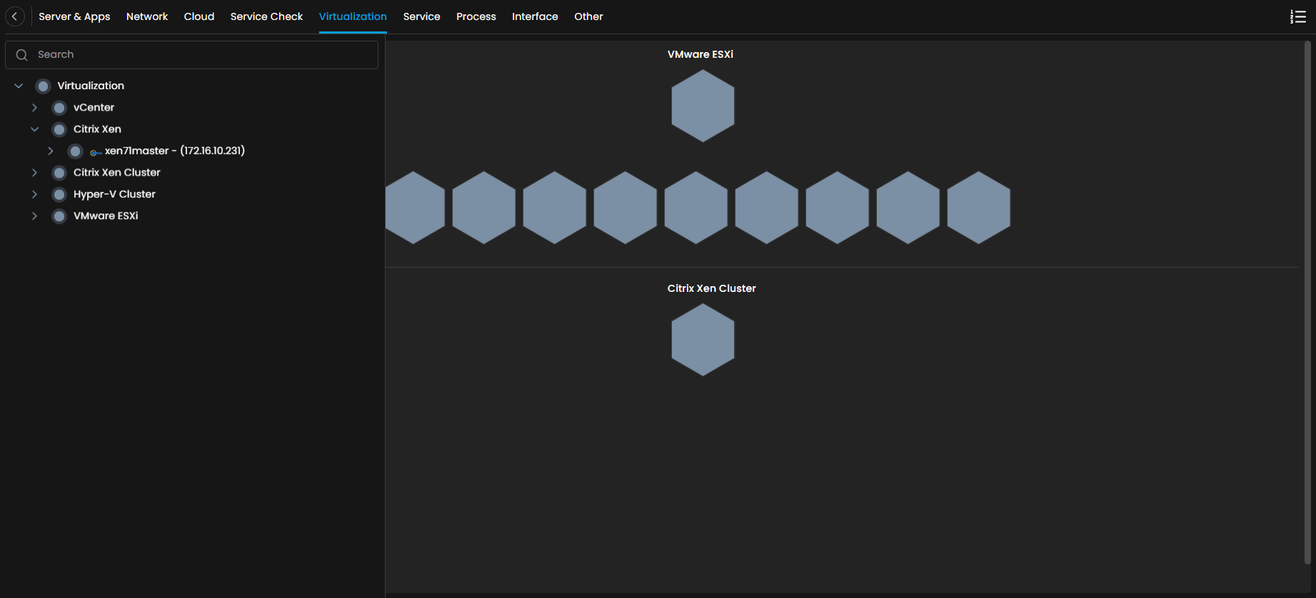 Monitor navigation panel with Virtualization category selected showing Citrix Xen monitors