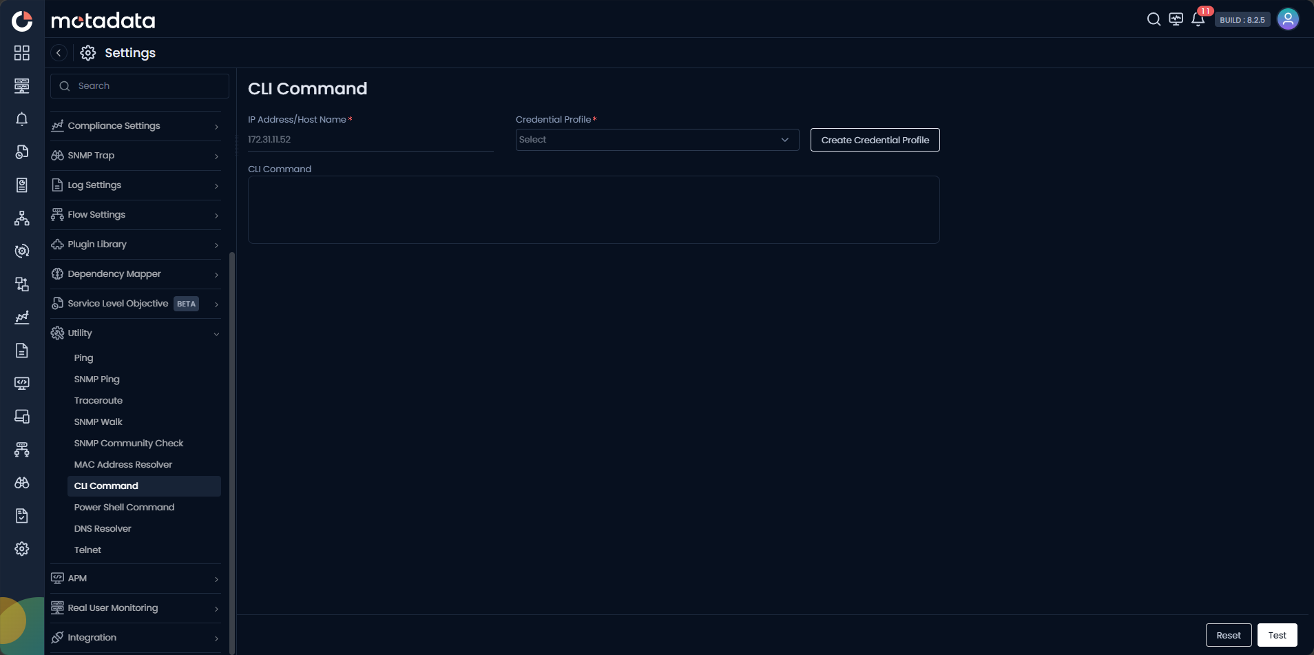 CLI Command screen showing IP Address/Host Name, Credential Profile, and CLI Command text area