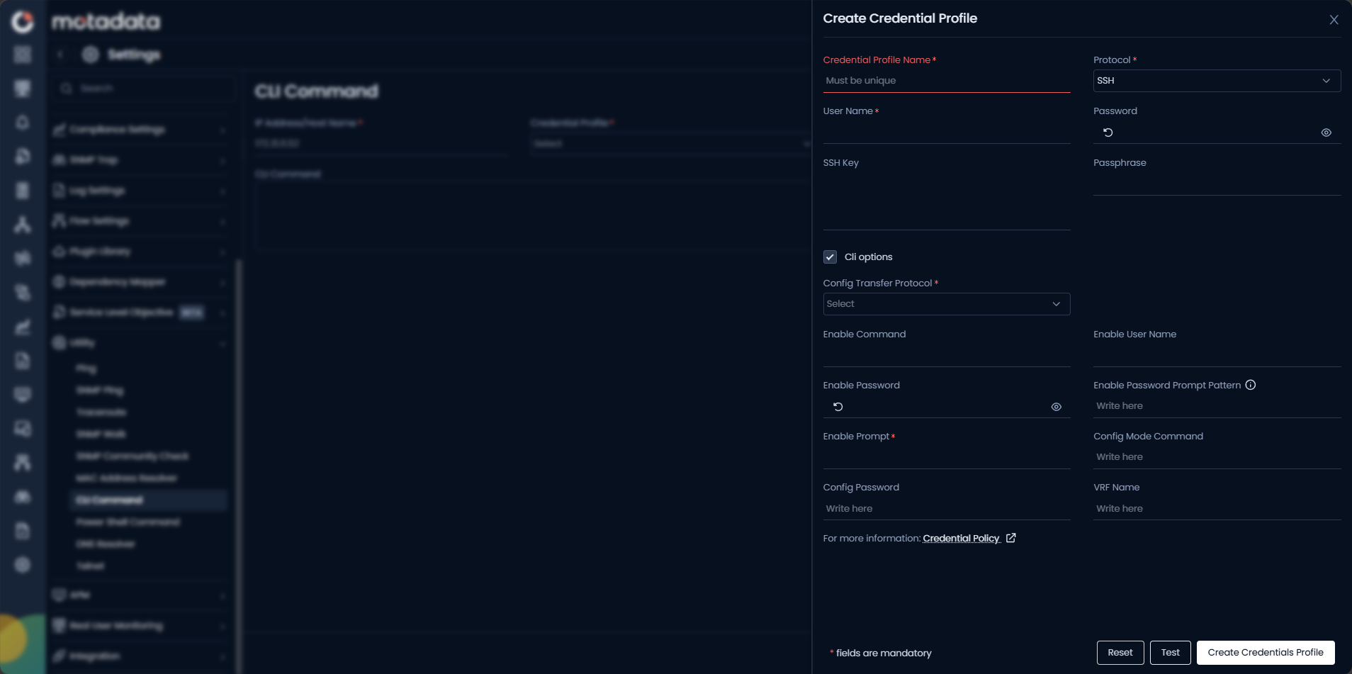 Create Credential Profile dialog for CLI Command showing SSH fields including enable options and config transfer settings
