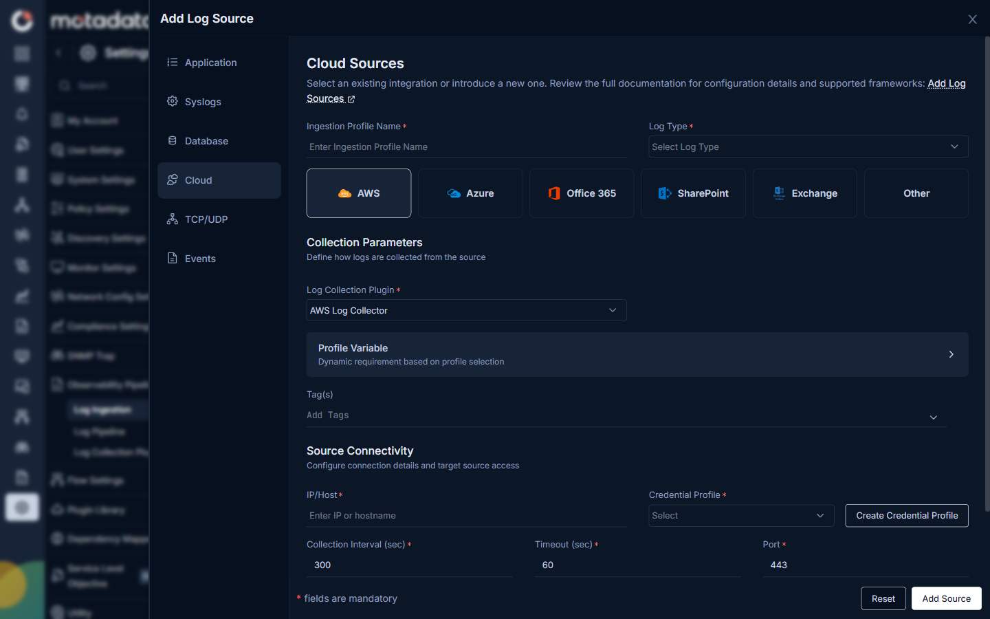AWS cloud source form showing Collection Parameters with AWS Log Collector plugin, Profile Variable section, Tags, and Source Connectivity fields including IP/Host, Credential Profile, Collection Interval, Timeout, and Port