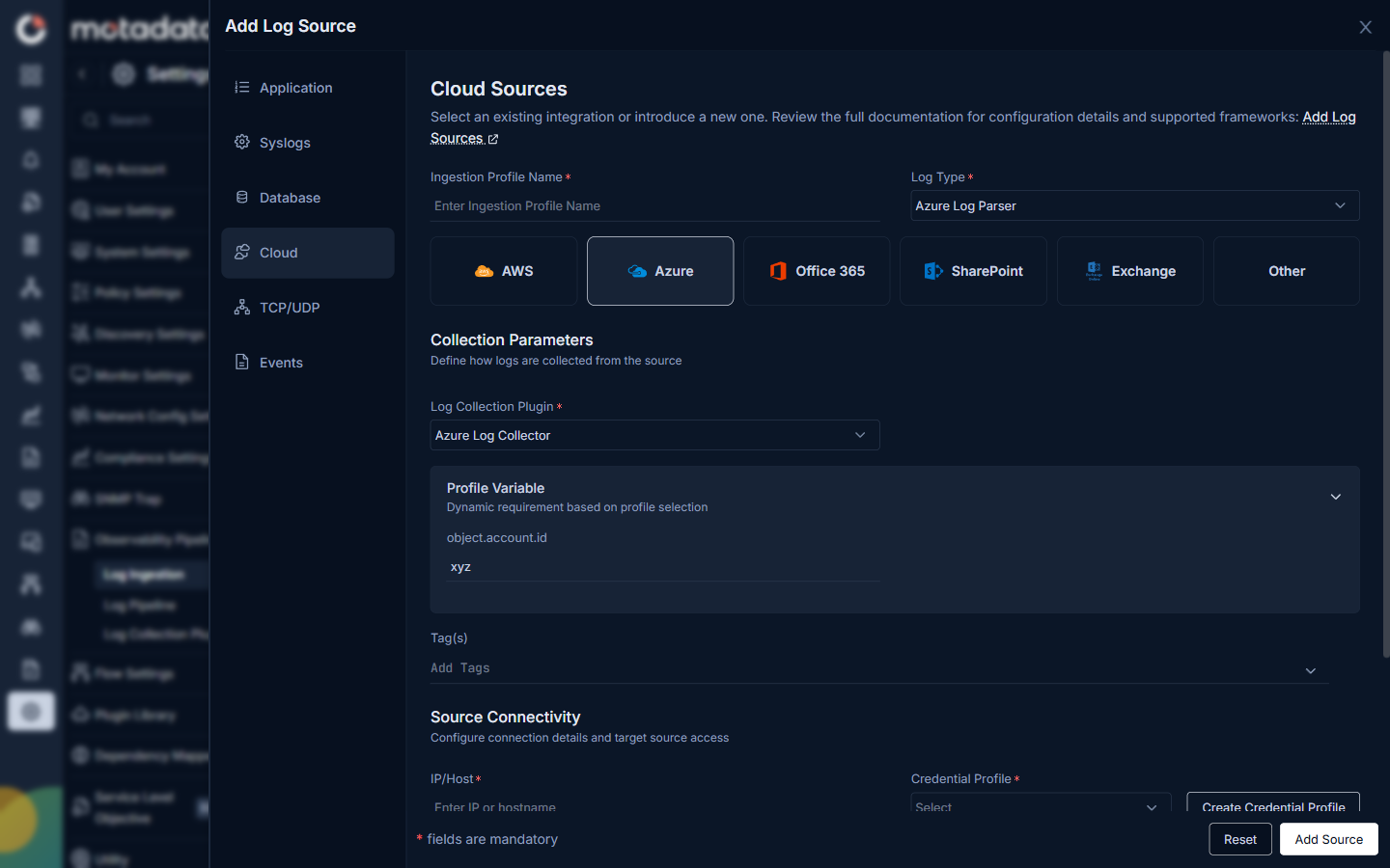 Azure cloud source form showing Azure Log Collector plugin, Profile Variable with object.account.id field, Tags, and Source Connectivity fields
