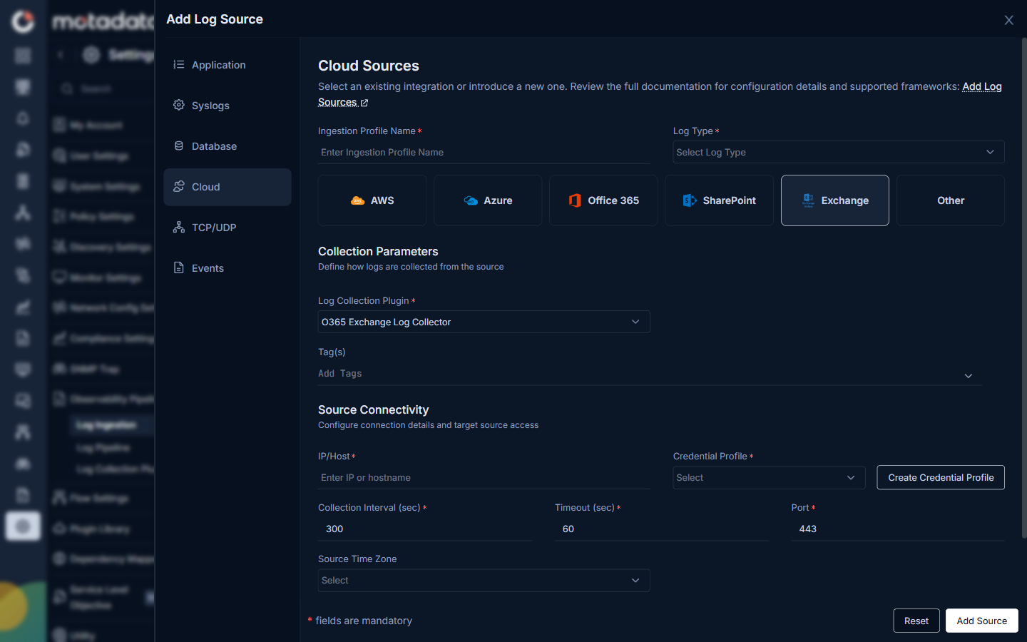 Exchange cloud source form showing O365 Exchange Log Collector plugin, Tags, and Source Connectivity fields including IP/Host, Credential Profile, Collection Interval, Timeout, Port, and Source Time Zone